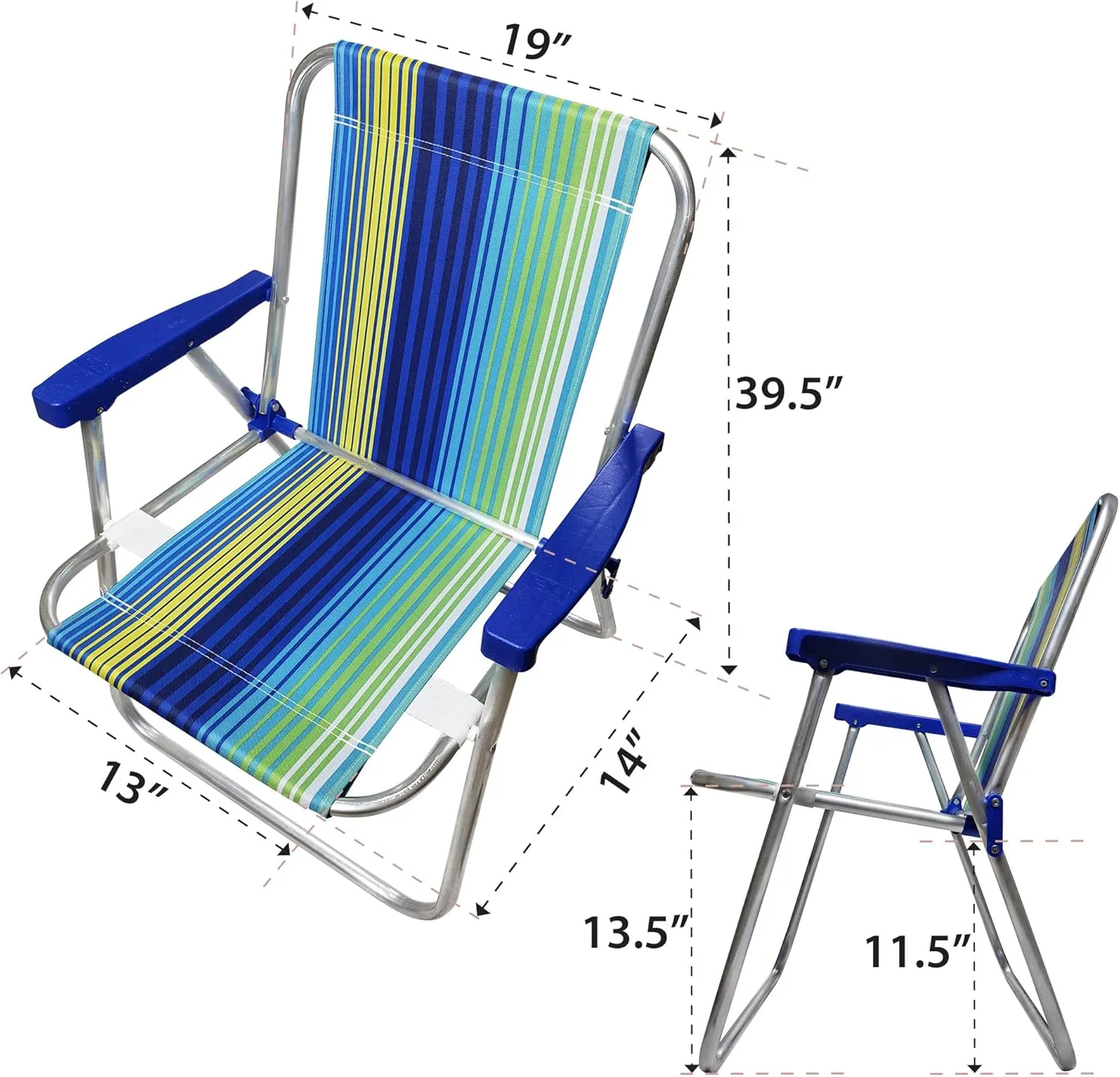 1 Position Aluminum Folding Mid Height Chair with Armrests - Lightweight Beach Chair - Small and Portable (1, Blue-Green Stripes)