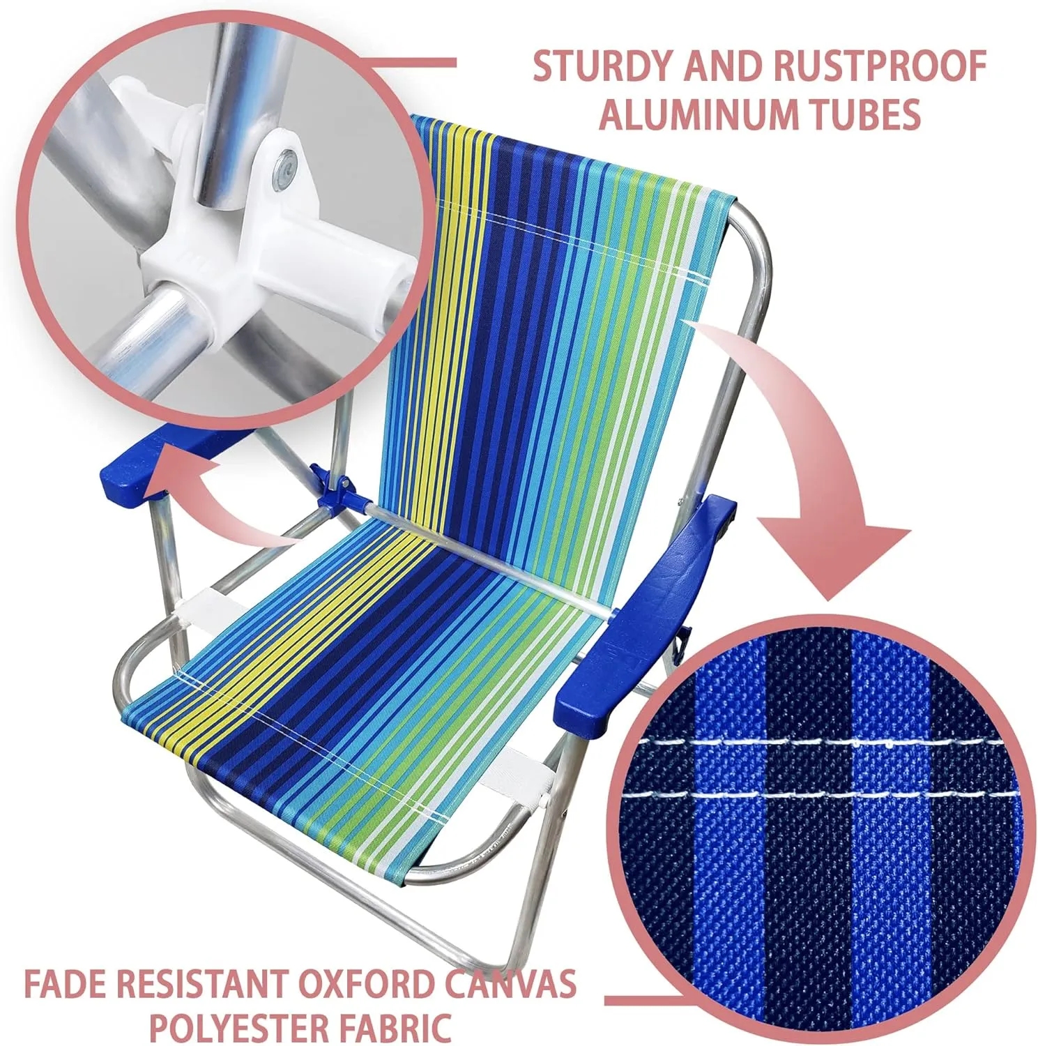 1 Position Aluminum Folding Mid Height Chair with Armrests - Lightweight Beach Chair - Small and Portable (1, Blue-Green Stripes)