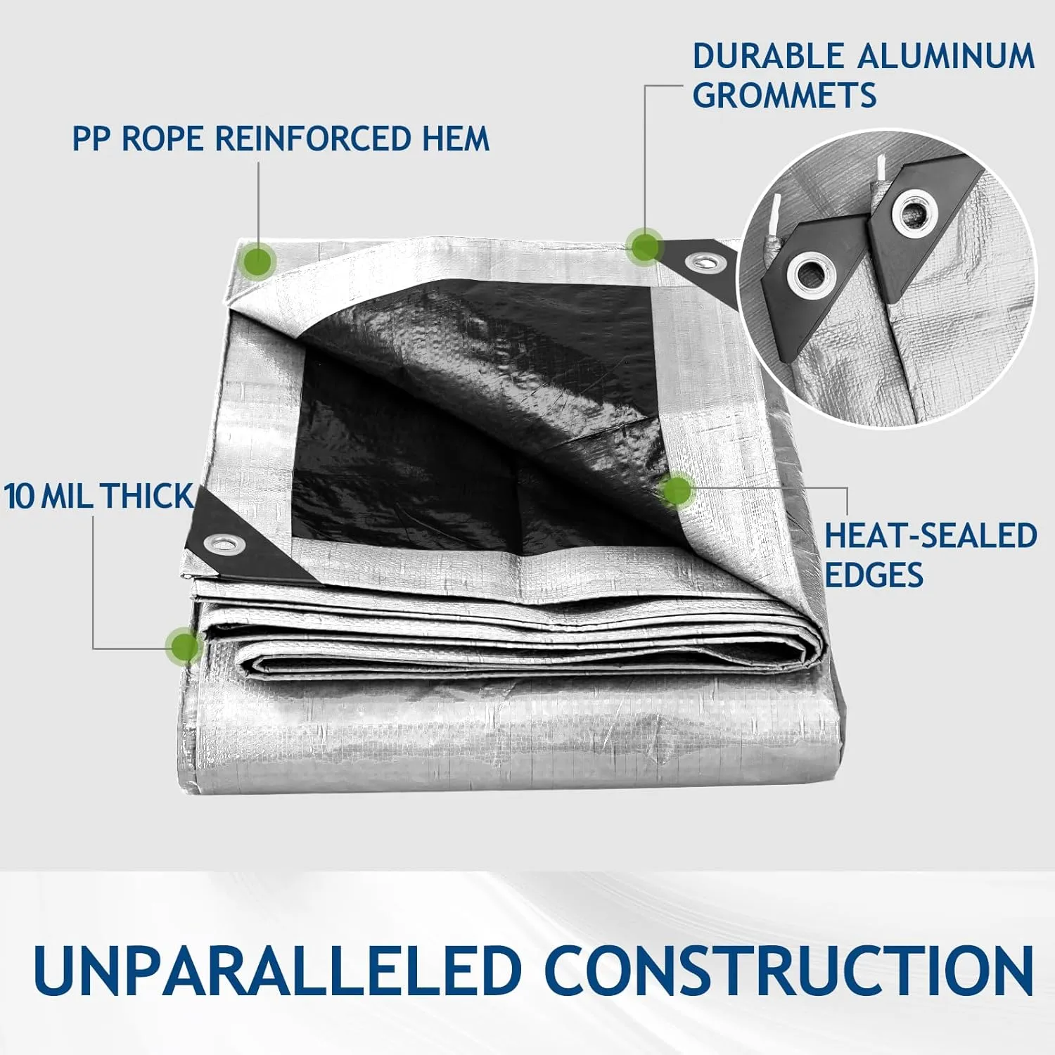 10 Mil Heavy Duty Waterproof Tarps, 8x10 Ft Finished Size Tarps, Premium Tarp with Metal Grommets & Reinforced Edge, Multipurpose Thick Tarp for Car, Boat, Roof, Camping - 2 Pack, Silver