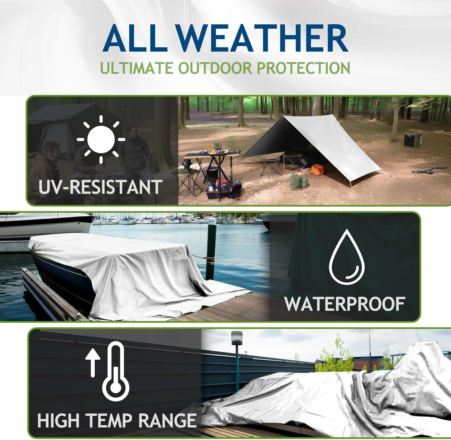 10 Mil Heavy Duty Waterproof Tarps, 8x10 Ft Finished Size Tarps, Premium Tarp with Metal Grommets & Reinforced Edge, Multipurpose Thick Tarp for Car, Boat, Roof, Camping - 2 Pack, Silver