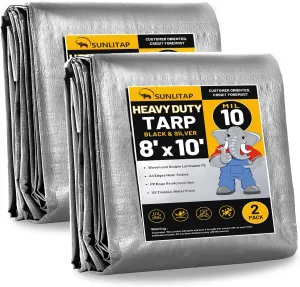 10 Mil Heavy Duty Waterproof Tarps, 8x10 Ft Finished Size Tarps, Premium Tarp with Metal Grommets & Reinforced Edge, Multipurpose Thick Tarp for Car, Boat, Roof, Camping - 2 Pack, Silver