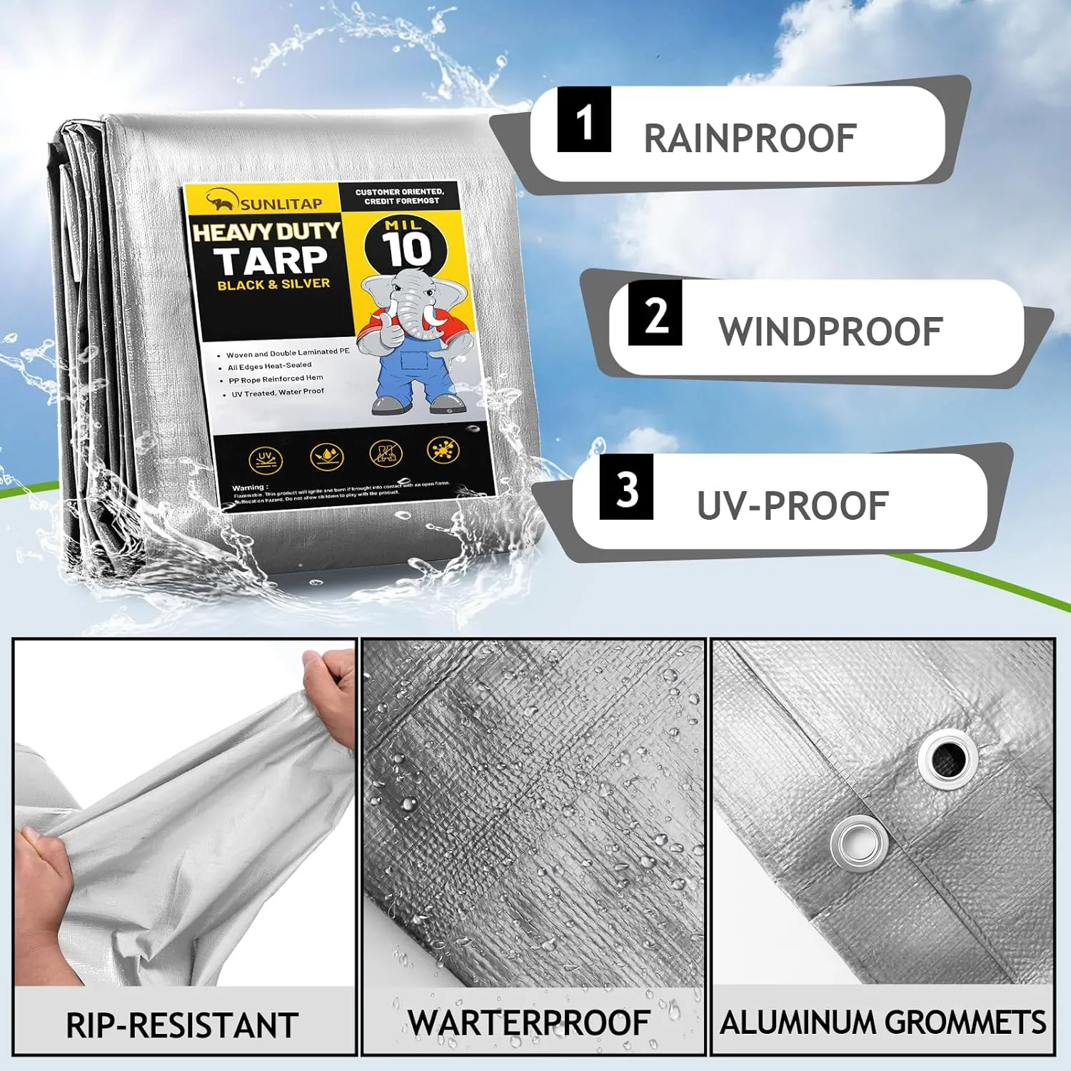 10 Mil Heavy Duty Waterproof Tarps, 8x10 Ft Finished Size Tarps, Premium Tarp with Metal Grommets & Reinforced Edge, Multipurpose Thick Tarp for Car, Boat, Roof, Camping - 2 Pack, Silver