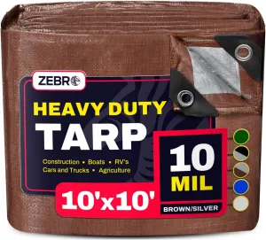 10' x 10' Brown/Silver Heavy Duty Tarp with Grommets Reinforced - 10 Mil Thick - Double Sided Plastic Waterproof Tarps - Large Tarpaulin Cover for Outdoor Camping Tent Tarp RV Roof Rain - Zebro