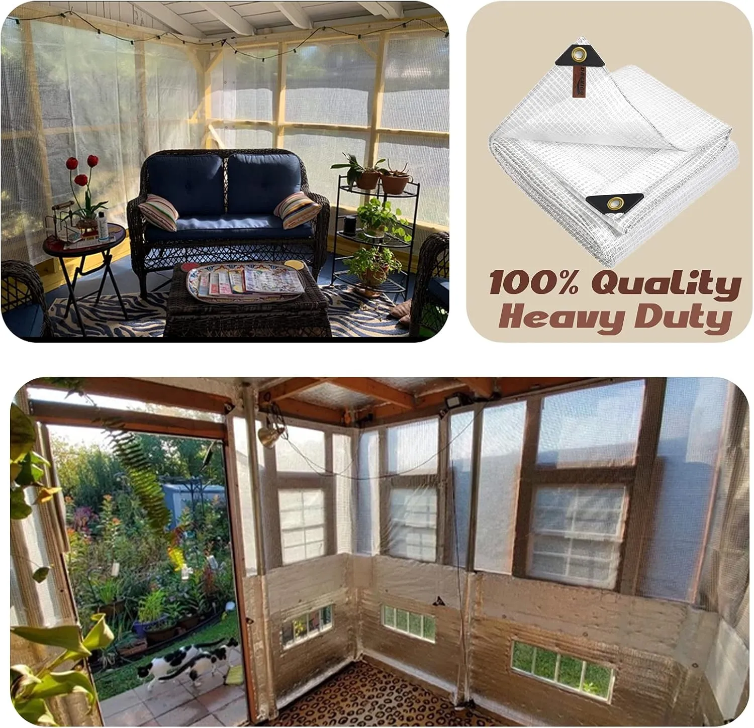 10 x 10Ft Heavy Duty Waterproof Tarps Reinforced Mesh Clear Tarp Cover Sheet & 6 PCS Bungee Balls