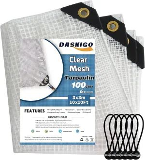 10 x 10Ft Heavy Duty Waterproof Tarps Reinforced Mesh Clear Tarp Cover Sheet & 6 PCS Bungee Balls