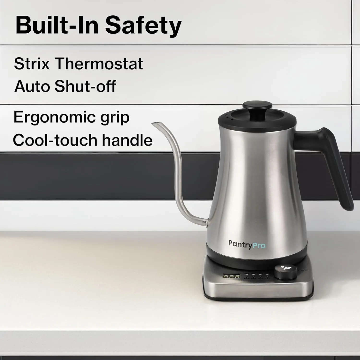 1.0L 1500W Rapid-Boil Electric Gooseneck Kettle - Stainless Steel Interior - Temperature Control, Auto Shut-Off, Boil-Dry Protection, LED Indicator - Steel
