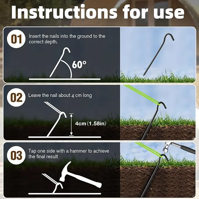 10Pcs Metal Tent Pegs with Hooks. 7 inches Durable Garden Stake Ground Anchors Awning Metal Hooks. Heavy Duty, Waterproof & rustproof. Ideal for Camping, Yard Decor, Picnic & tarp(Black)