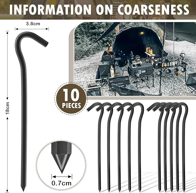 10Pcs Metal Tent Pegs with Hooks. 7 inches Durable Garden Stake Ground Anchors Awning Metal Hooks. Heavy Duty, Waterproof & rustproof. Ideal for Camping, Yard Decor, Picnic & tarp(Black)