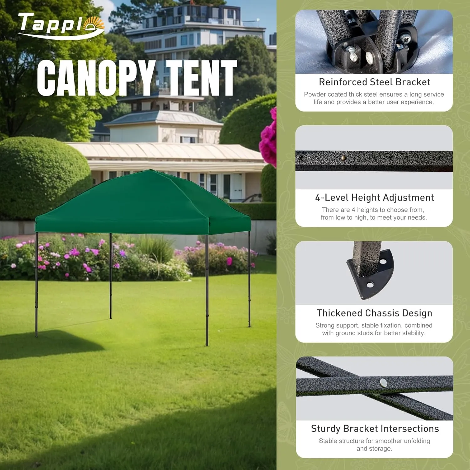 10’x10’ Pop Up Canopy Tent, Outdoor Instant Canopy Patio Gazebo Event Tent, Portable Waterproof Pop-up Canopy with 8 Stakes, 4 Ropes, 4 Sandbags and 1Handbag for Party Camping Backyard