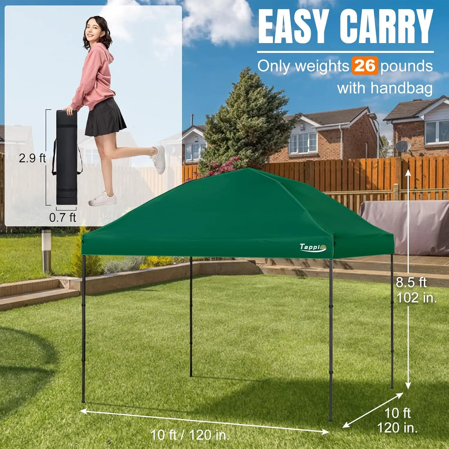 10’x10’ Pop Up Canopy Tent, Outdoor Instant Canopy Patio Gazebo Event Tent, Portable Waterproof Pop-up Canopy with 8 Stakes, 4 Ropes, 4 Sandbags and 1Handbag for Party Camping Backyard