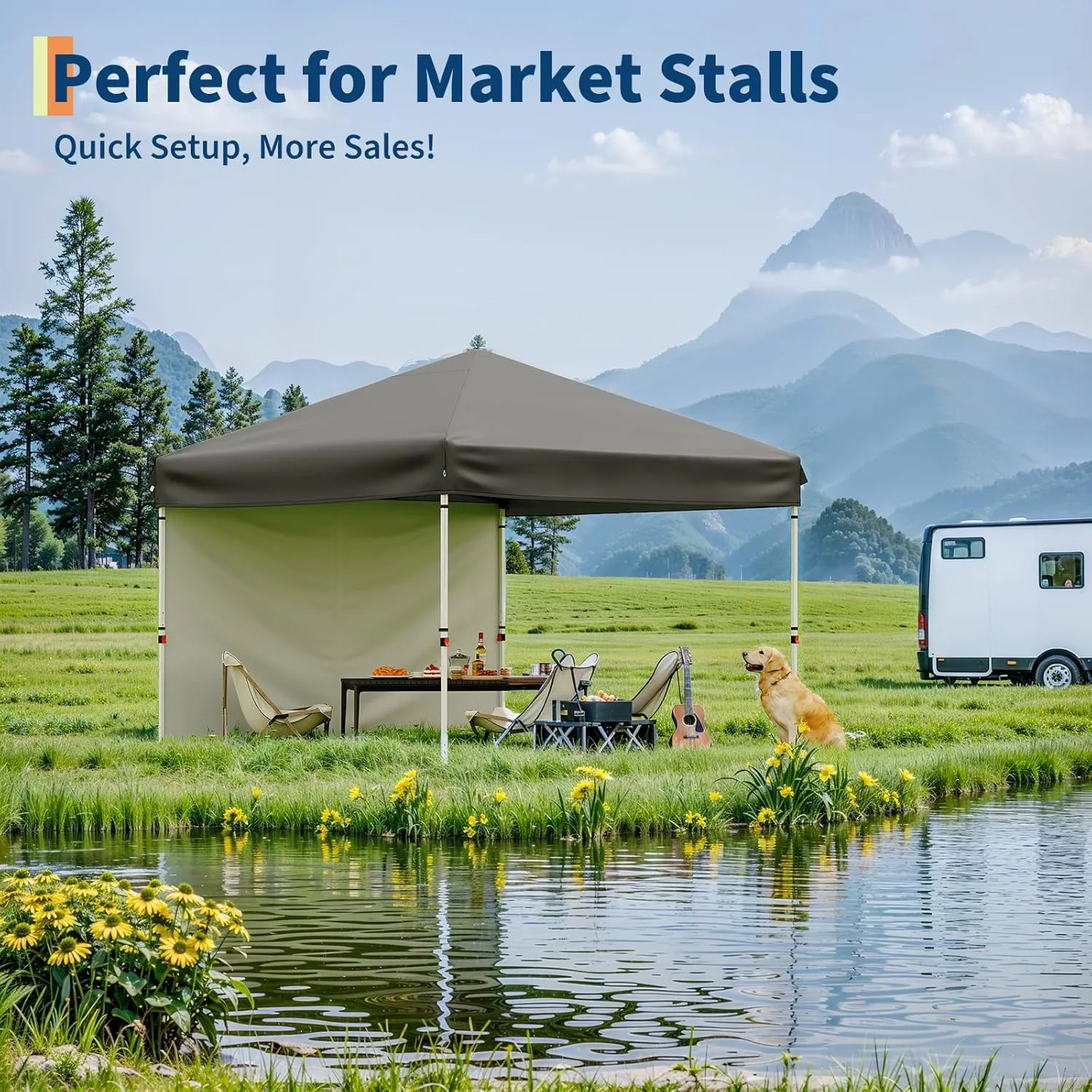 10x10 Pop Up Canopy with One Sidewalls - Easy Up Camping Tent with One Button Push Setup - 1 Roller Bag, 3 Adjustable Height, 4 Weight Bags for Deck, Garden, Sports, Beach, Party - Grey
