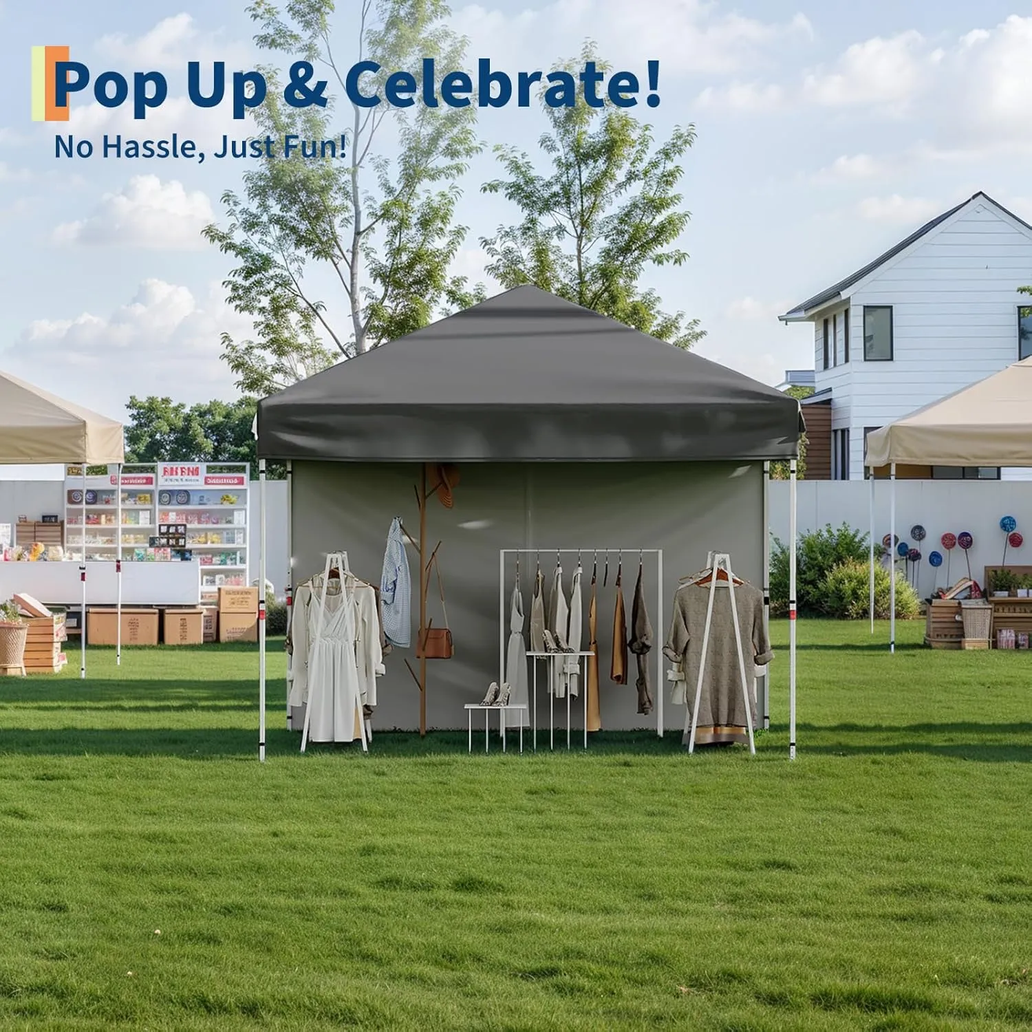 10x10 Pop Up Canopy with One Sidewalls - Easy Up Camping Tent with One Button Push Setup - 1 Roller Bag, 3 Adjustable Height, 4 Weight Bags for Deck, Garden, Sports, Beach, Party - Grey