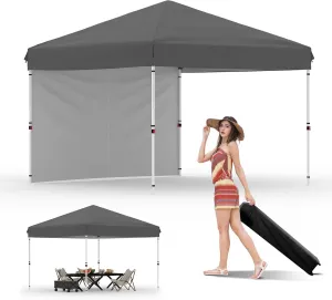 10x10 Pop Up Canopy with One Sidewalls - Easy Up Camping Tent with One Button Push Setup - 1 Roller Bag, 3 Adjustable Height, 4 Weight Bags for Deck, Garden, Sports, Beach, Party - Grey