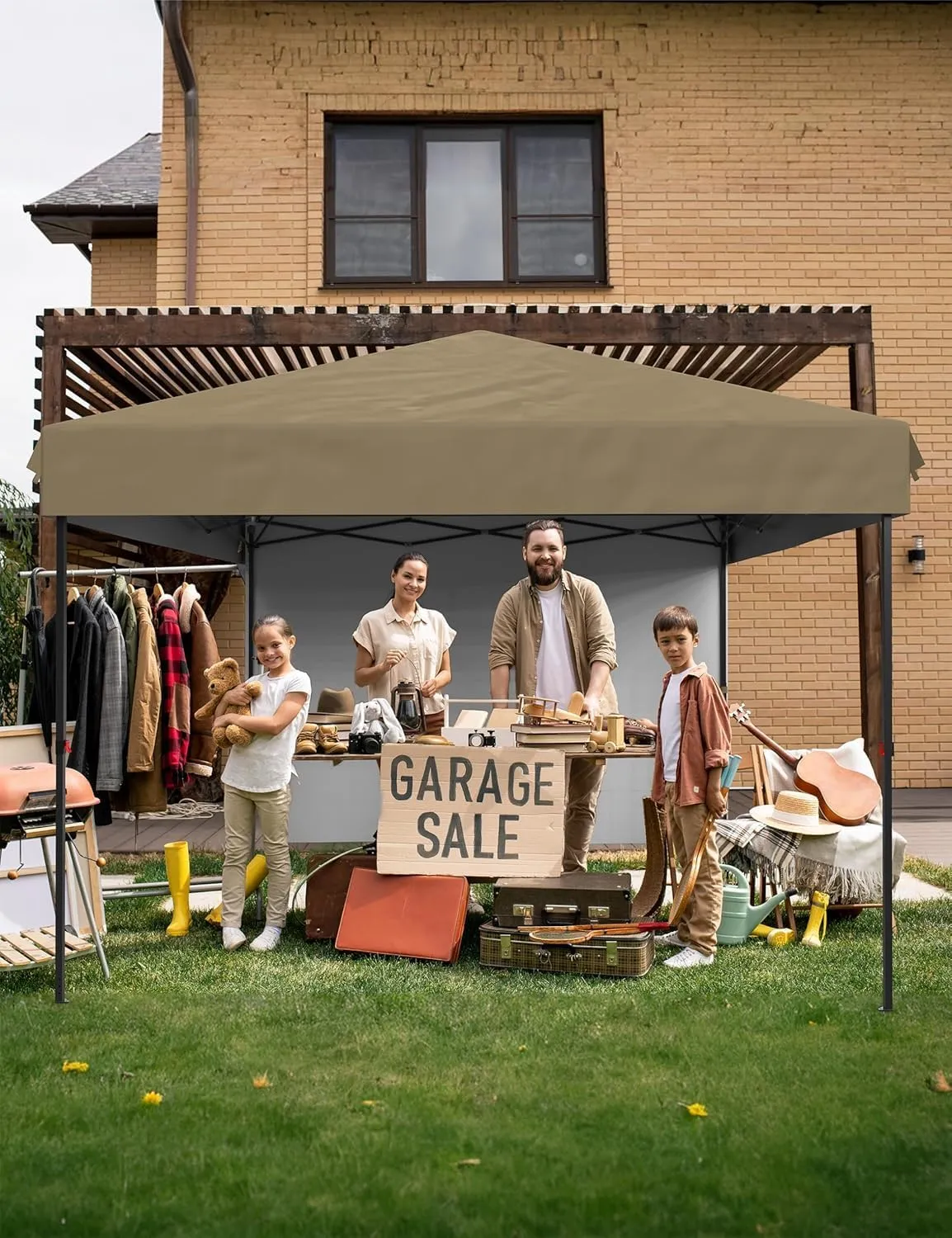 10X10 Pop Up Canopy with Removable Sidewalls and Windows, Adjustable Heights Canopy Tent with Wheeled Bag, 4 Sandbags, 4 Ropes & 8 Stakes, Instant Shelter for Events, Party, Camping, Garden (Brown)