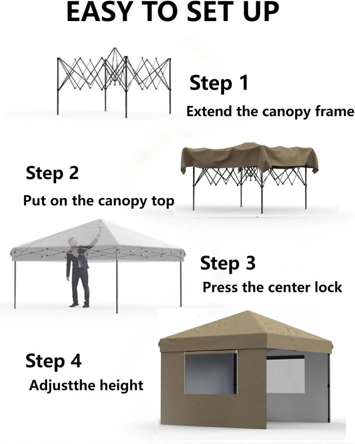 10X10 Pop Up Canopy with Removable Sidewalls and Windows, Adjustable Heights Canopy Tent with Wheeled Bag, 4 Sandbags, 4 Ropes & 8 Stakes, Instant Shelter for Events, Party, Camping, Garden (Brown)