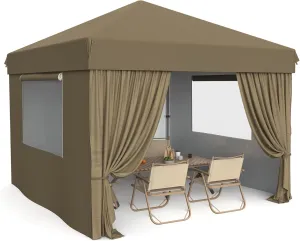 10X10 Pop Up Canopy with Removable Sidewalls and Windows, Adjustable Heights Canopy Tent with Wheeled Bag, 4 Sandbags, 4 Ropes & 8 Stakes, Instant Shelter for Events, Party, Camping, Garden (Brown)
