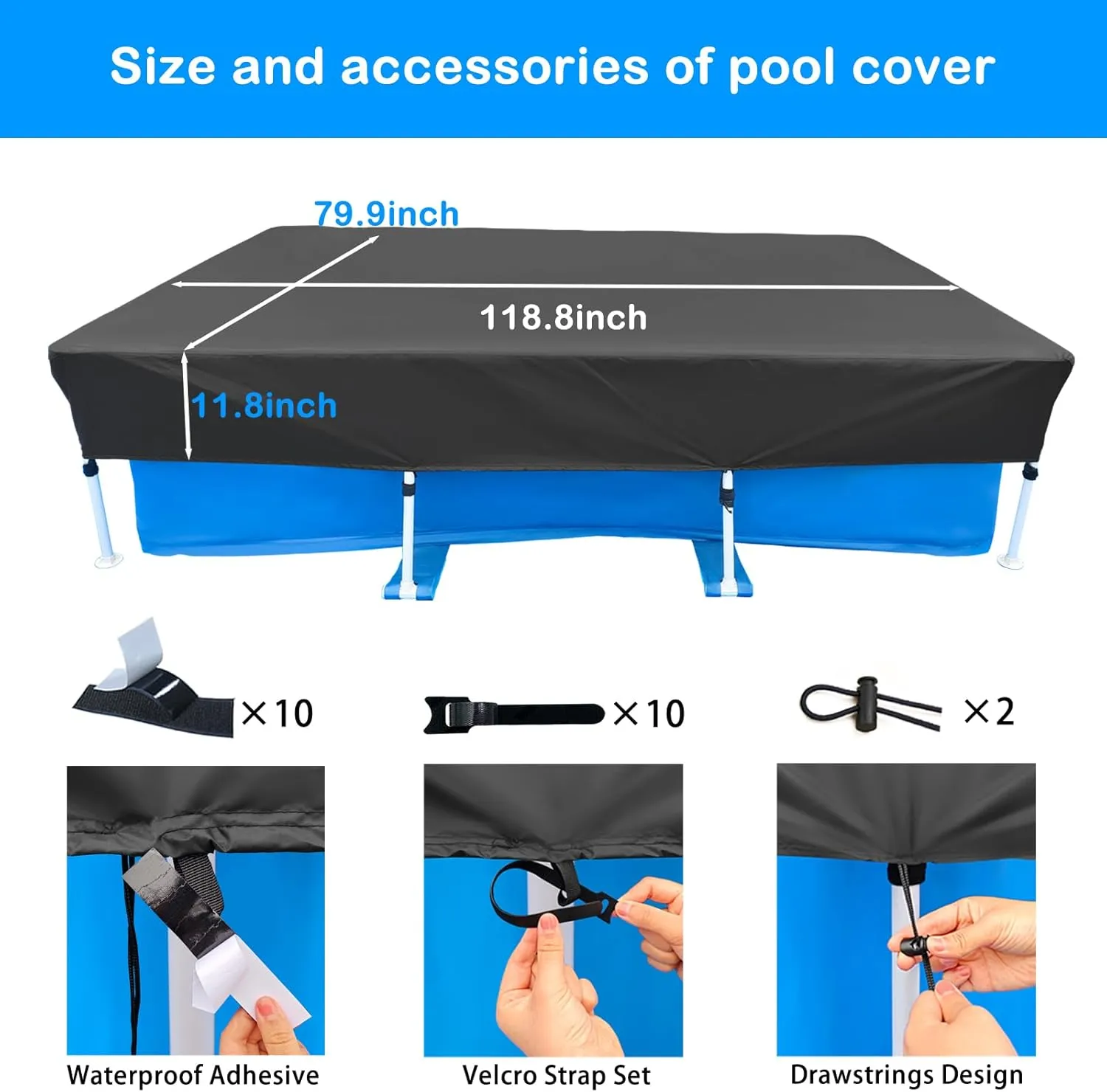 118in X 79in Rectangular Pool Cover 10 x 6 Frame Rectangle Swimming Pool Cover for 9.8ft X 6.6ft Above Ground Pool Frame Dust Proof Rain Proof Garden Outdoor Square Pools Cover