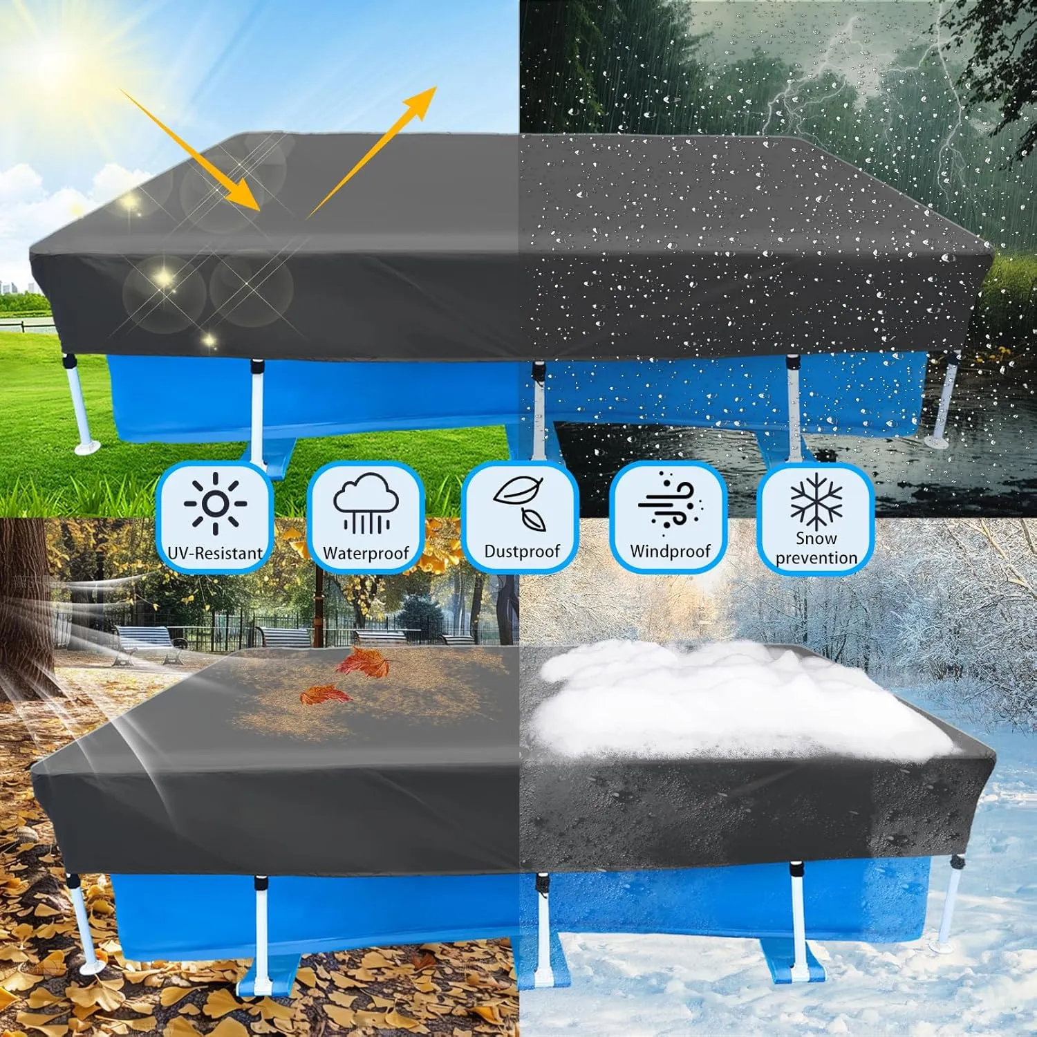 118in X 79in Rectangular Pool Cover 10 x 6 Frame Rectangle Swimming Pool Cover for 9.8ft X 6.6ft Above Ground Pool Frame Dust Proof Rain Proof Garden Outdoor Square Pools Cover