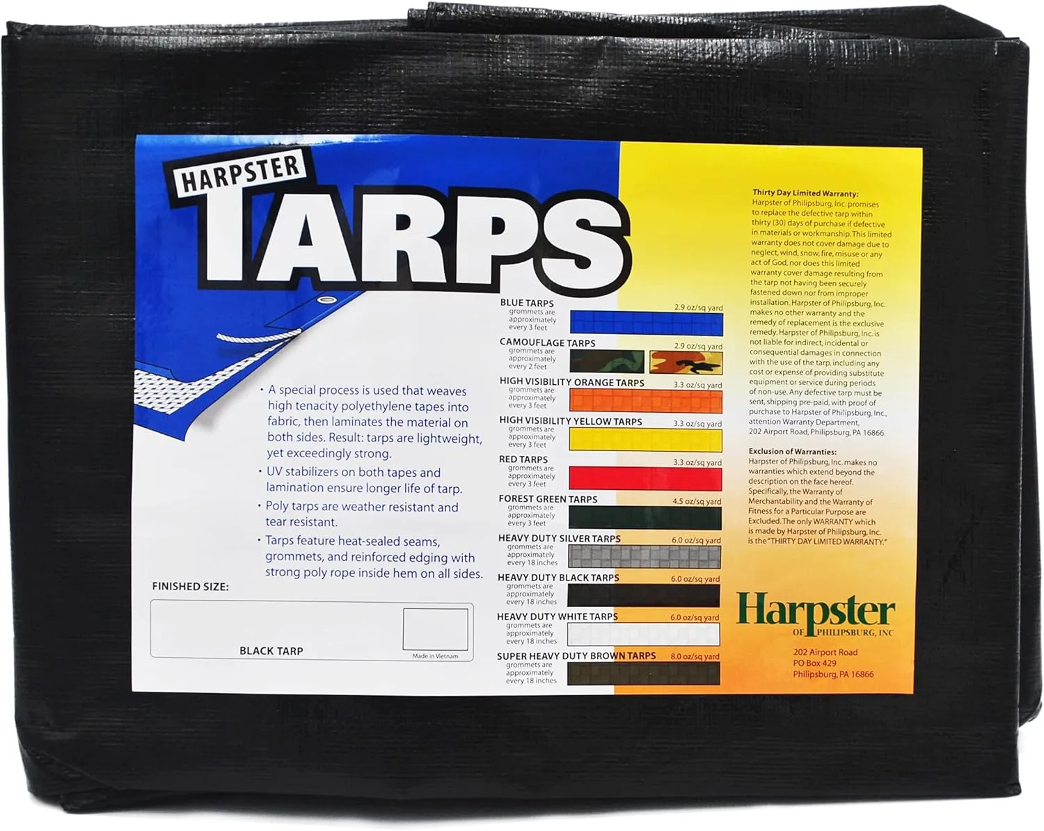 12 ft. x 16 ft. Heavy Duty Black Poly Tarp Harpster Tarps 12 Mil Thick Harpster Tarps