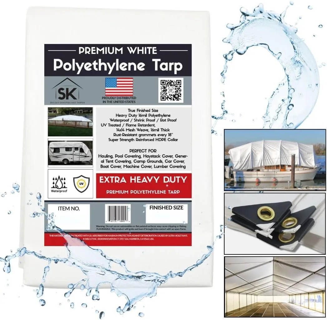 16 Mil Extra Heavy Duty Poly Tarp - Waterproof Tarp with True Size, UV Protection, Tear Resistance, Arctic Flexibility & Reinforced Corners 6x16