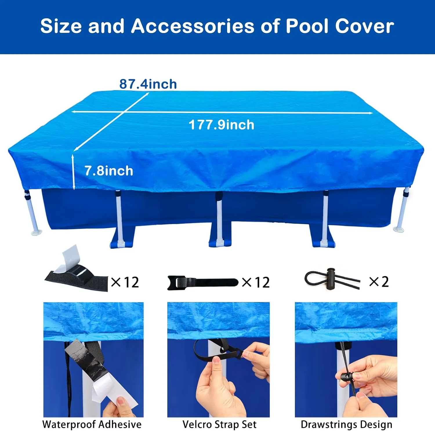 177 X 87 in Pool Cover 14 ft Frame Rectangle Swimming 14 x 7 Pool Cover Rectangular Above Ground 178" x 86" Dust Proof Rain Proof Durable PE Blue Paddling Family