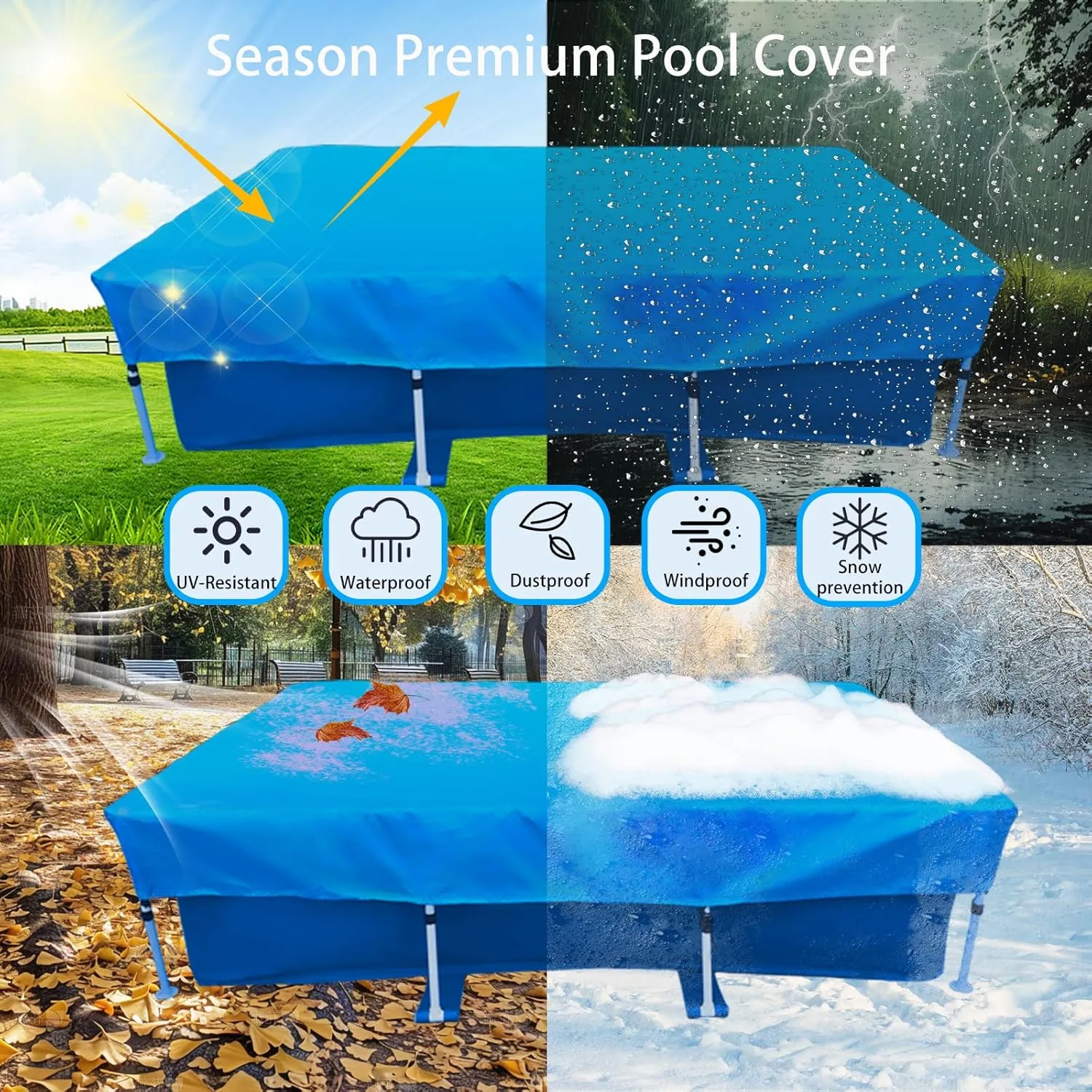 177 X 87 in Pool Cover 14 ft Frame Rectangle Swimming 14 x 7 Pool Cover Rectangular Above Ground 178" x 86" Dust Proof Rain Proof Durable PE Blue Paddling Family