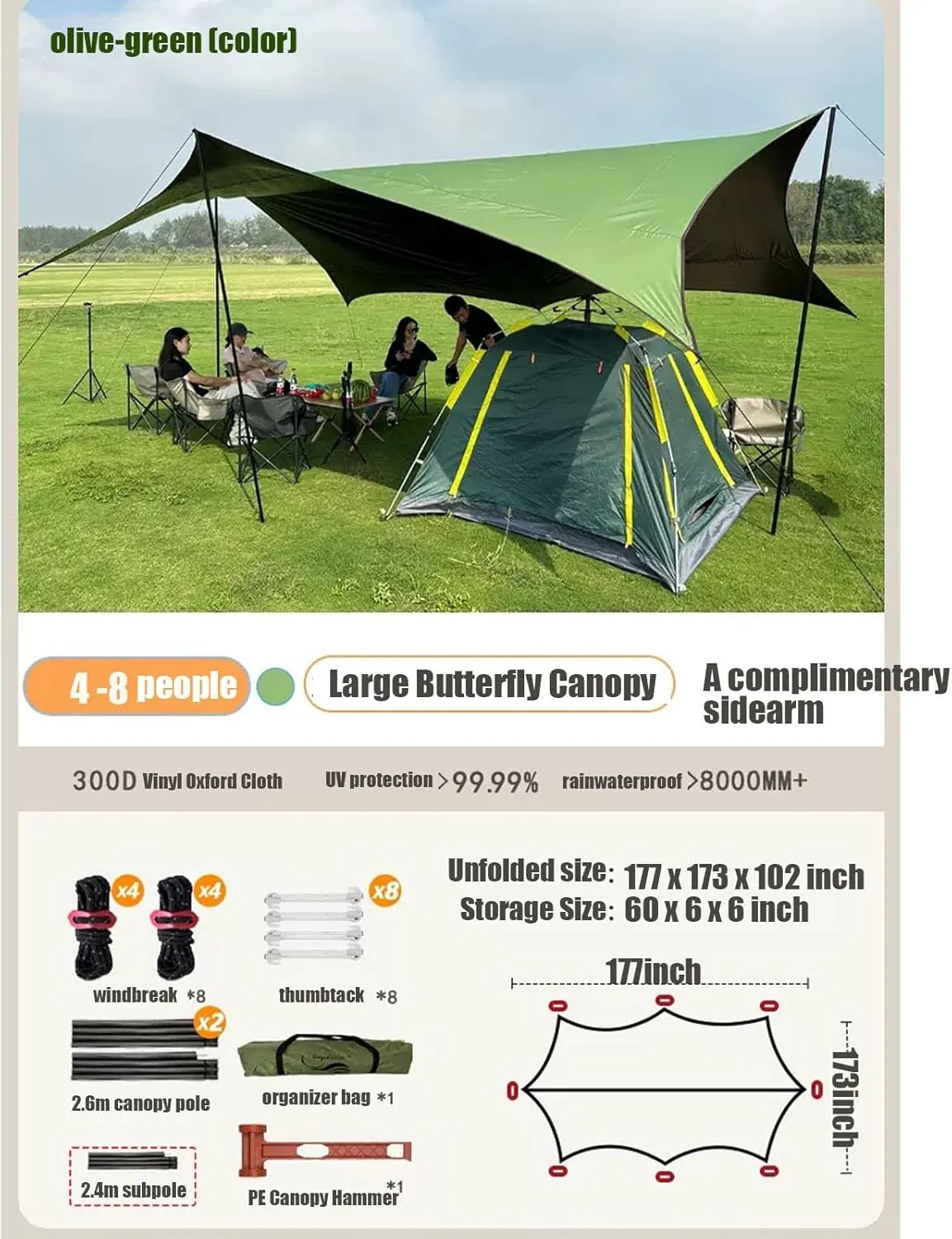 18x14ft Camping Tarp Rain Fly, Waterproof Camping Awning with Poles Rain Fly Sun Shelter for Picnic, Hiking, Backpacking(Olive Green,177x173x102inch)