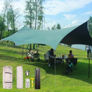 18x14ft Camping Tarp Rain Fly, Waterproof Camping Awning with Poles Rain Fly Sun Shelter for Picnic, Hiking, Backpacking(Olive Green,177x173x102inch)