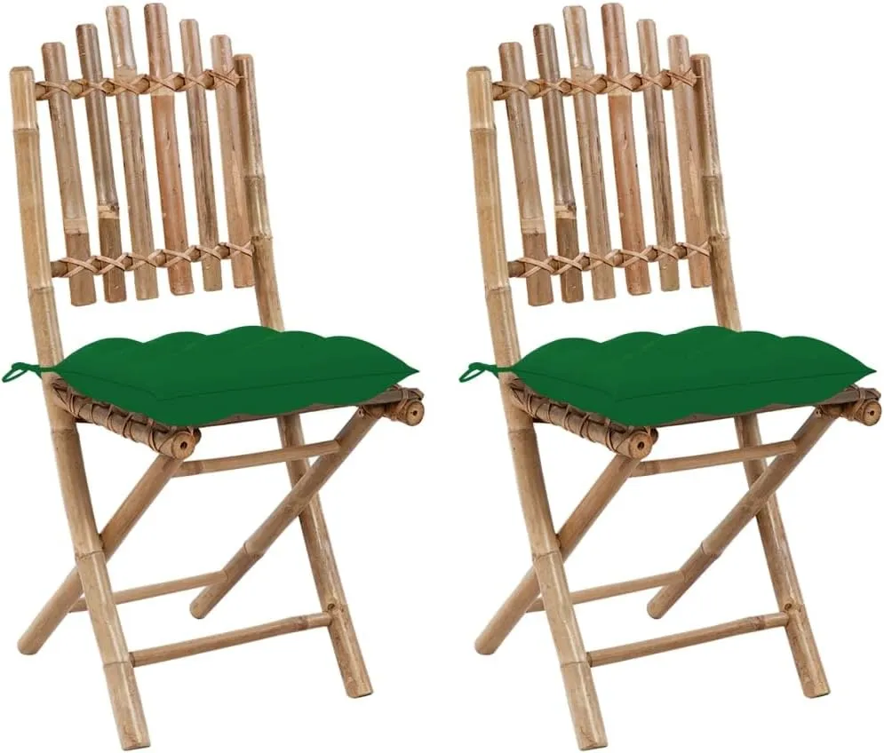2-Pack Foldable Bamboo Patio Chairs with Green Cushions, Outdoor Furniture Set for Garden, Pool, Beach, and Camping