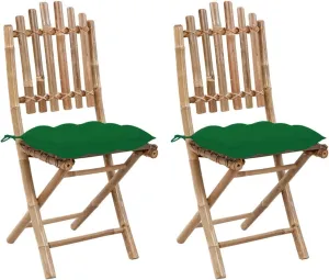 2-Pack Foldable Bamboo Patio Chairs with Green Cushions, Outdoor Furniture Set for Garden, Pool, Beach, and Camping