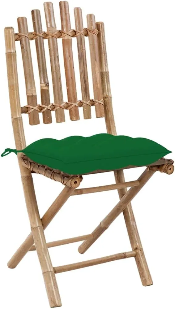 2-Pack Foldable Bamboo Patio Chairs with Green Cushions, Outdoor Furniture Set for Garden, Pool, Beach, and Camping