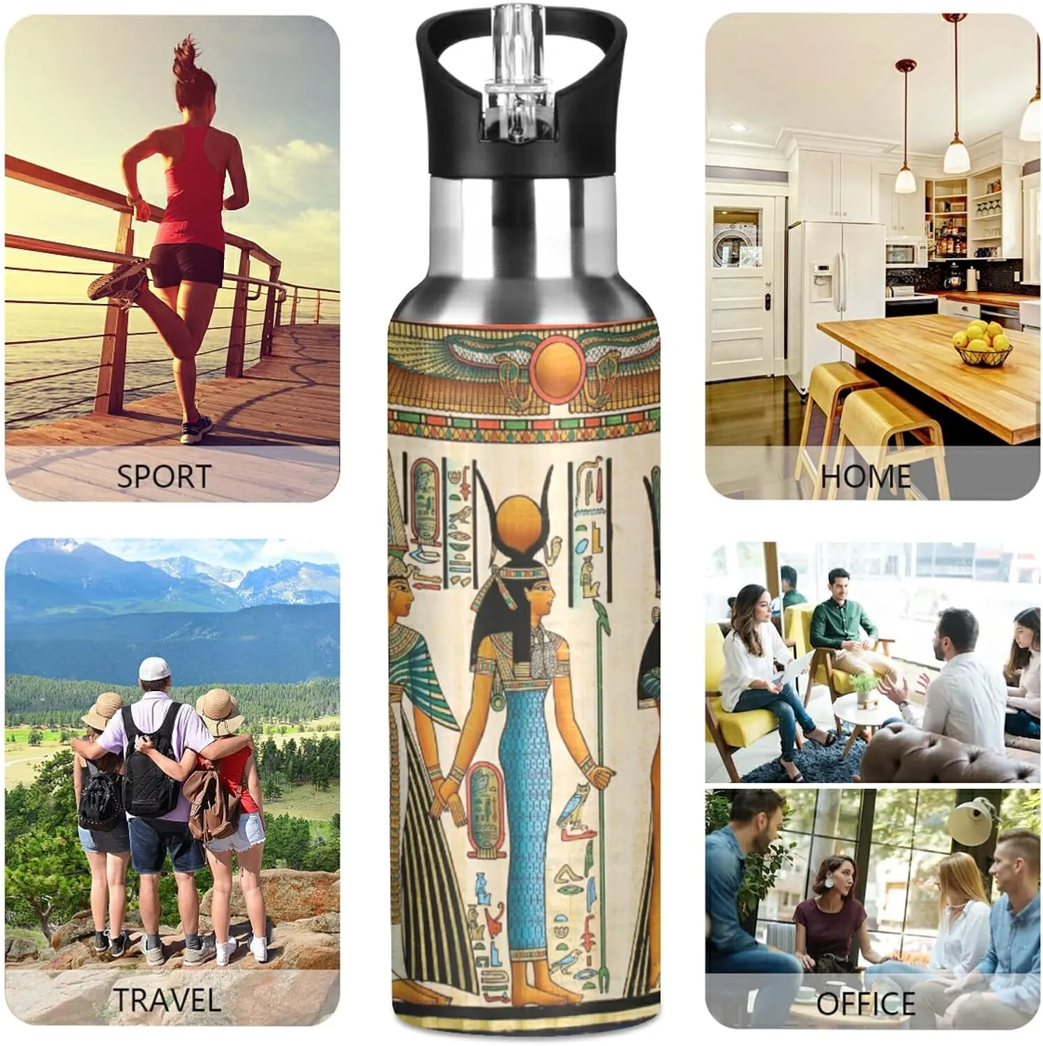 20 OZ Queen Of Egypt Water Bottle with Straw, Sports Water Bottle BPA Free Stainless Steel Water Jugs for Gym, Kitchen, Working, Outdoor（26）