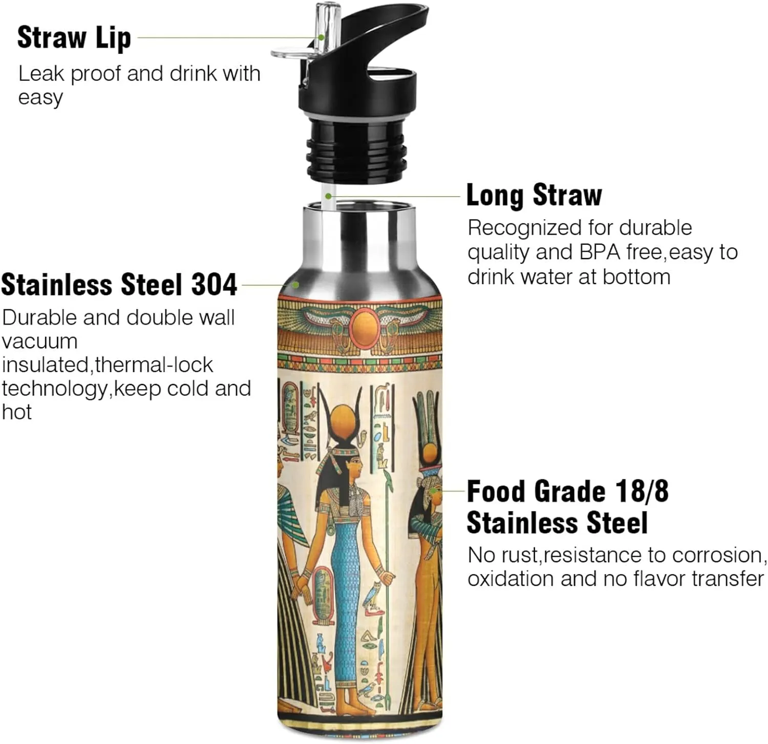 20 OZ Queen Of Egypt Water Bottle with Straw, Sports Water Bottle BPA Free Stainless Steel Water Jugs for Gym, Kitchen, Working, Outdoor（26）