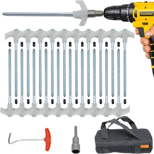 20 Pack Screw in Tent Stakes Heavy Duty-8” Metal Pegs for Ground, Drill in Camping Stake with Hex Head Driver, Spikes Puller, Protector in a Carrying Bag, for Hiking, Hammocks, Glow in Dark