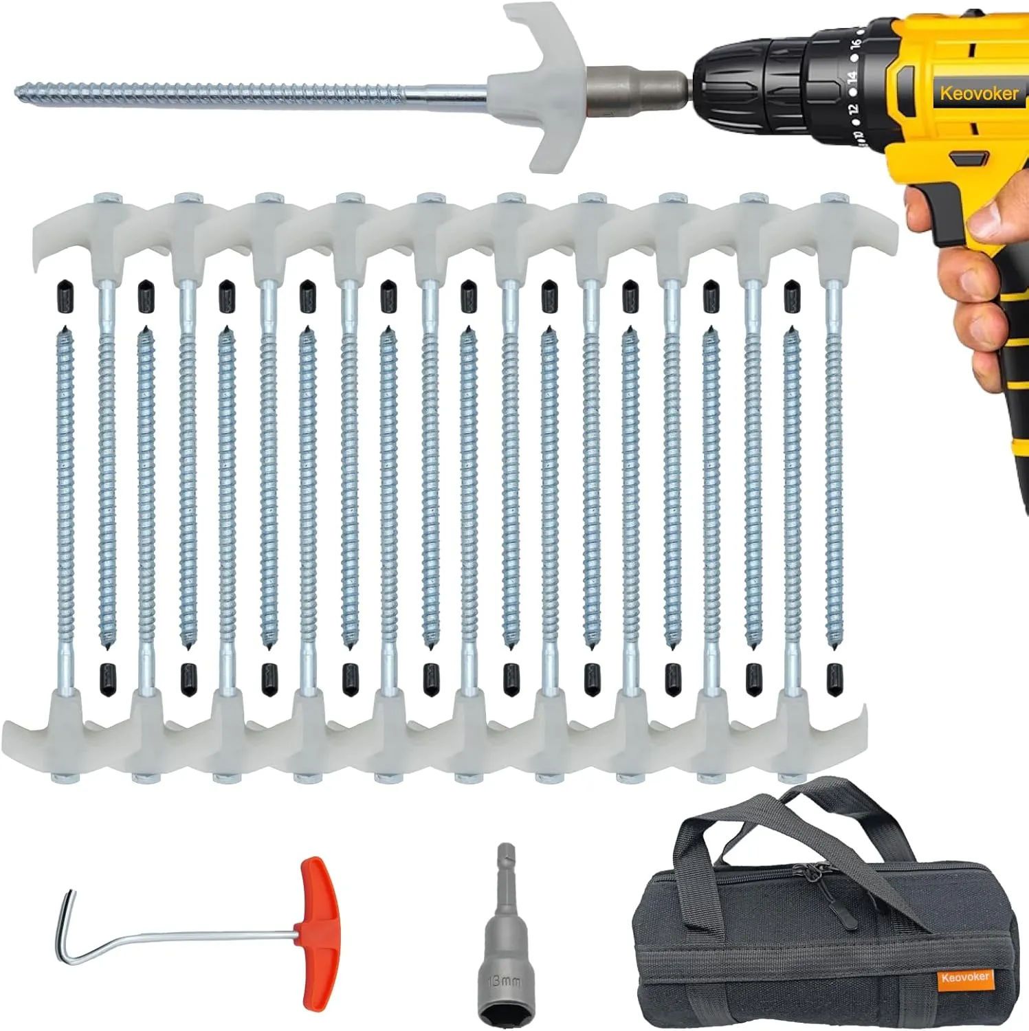 20 Pack Screw in Tent Stakes Heavy Duty-8” Metal Pegs for Ground, Drill in Camping Stake with Hex Head Driver, Spikes Puller, Protector in a Carrying Bag, for Hiking, Hammocks, Glow in Dark
