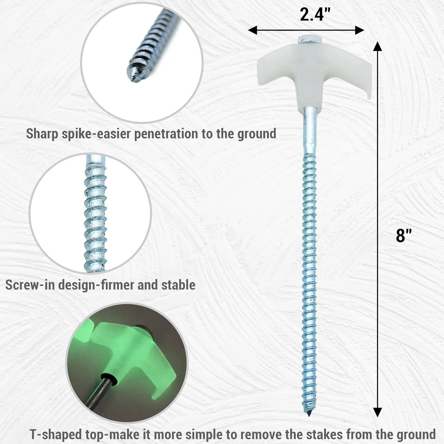 20 Pack Screw in Tent Stakes Heavy Duty-8” Metal Pegs for Ground, Drill in Camping Stake with Hex Head Driver, Spikes Puller, Protector in a Carrying Bag, for Hiking, Hammocks, Glow in Dark