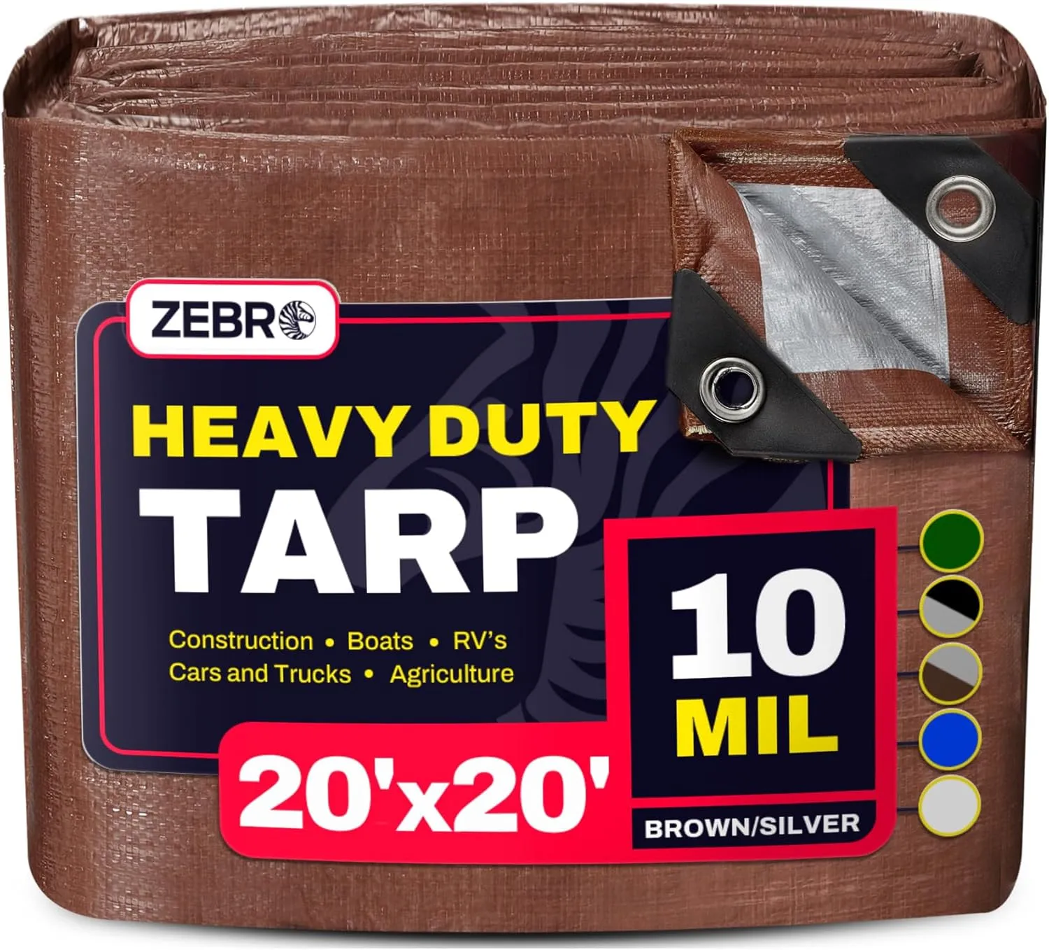 20' x 20' Brown/Silver Heavy Duty Tarp with Grommets Reinforced - 10 Mil Thick - Double Sided Plastic Waterproof Tarps - Large Tarpaulin Cover for Outdoor Camping Tent Tarp RV Roof Rain - Zebro