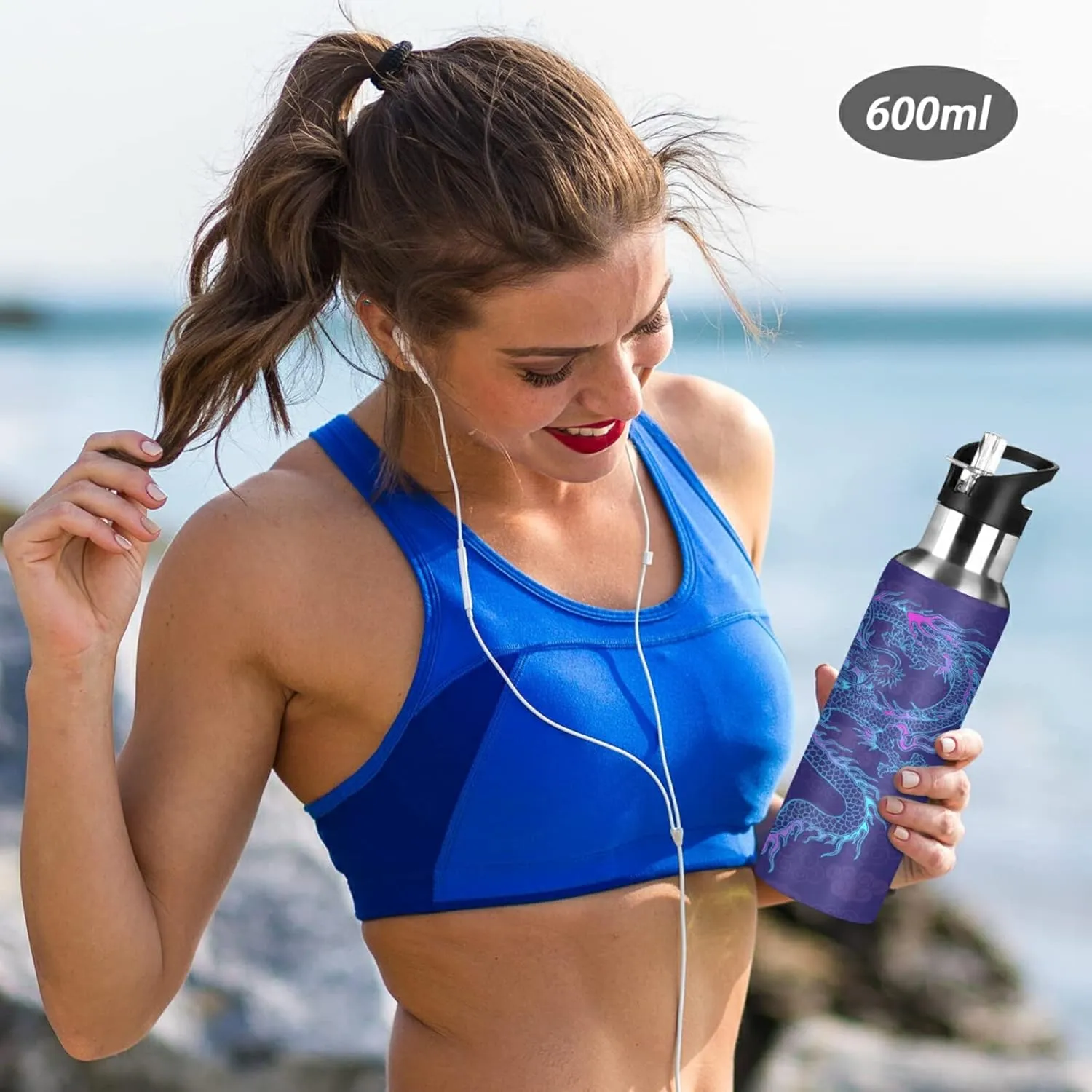20oz Purple Chinese Dragon Water Bottle, BPA Free Stainless Steel, Vacuum Insulated, Leak-Proof Straw Lid, 600ml, Reusable, Perfect for Camping, Hiking, Gym, Office, Daily Use