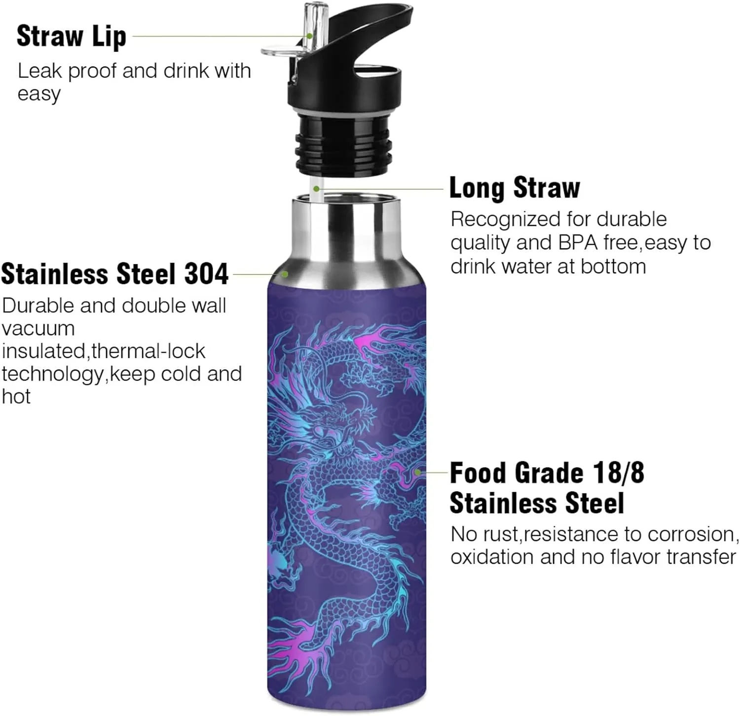 20oz Purple Chinese Dragon Water Bottle, BPA Free Stainless Steel, Vacuum Insulated, Leak-Proof Straw Lid, 600ml, Reusable, Perfect for Camping, Hiking, Gym, Office, Daily Use
