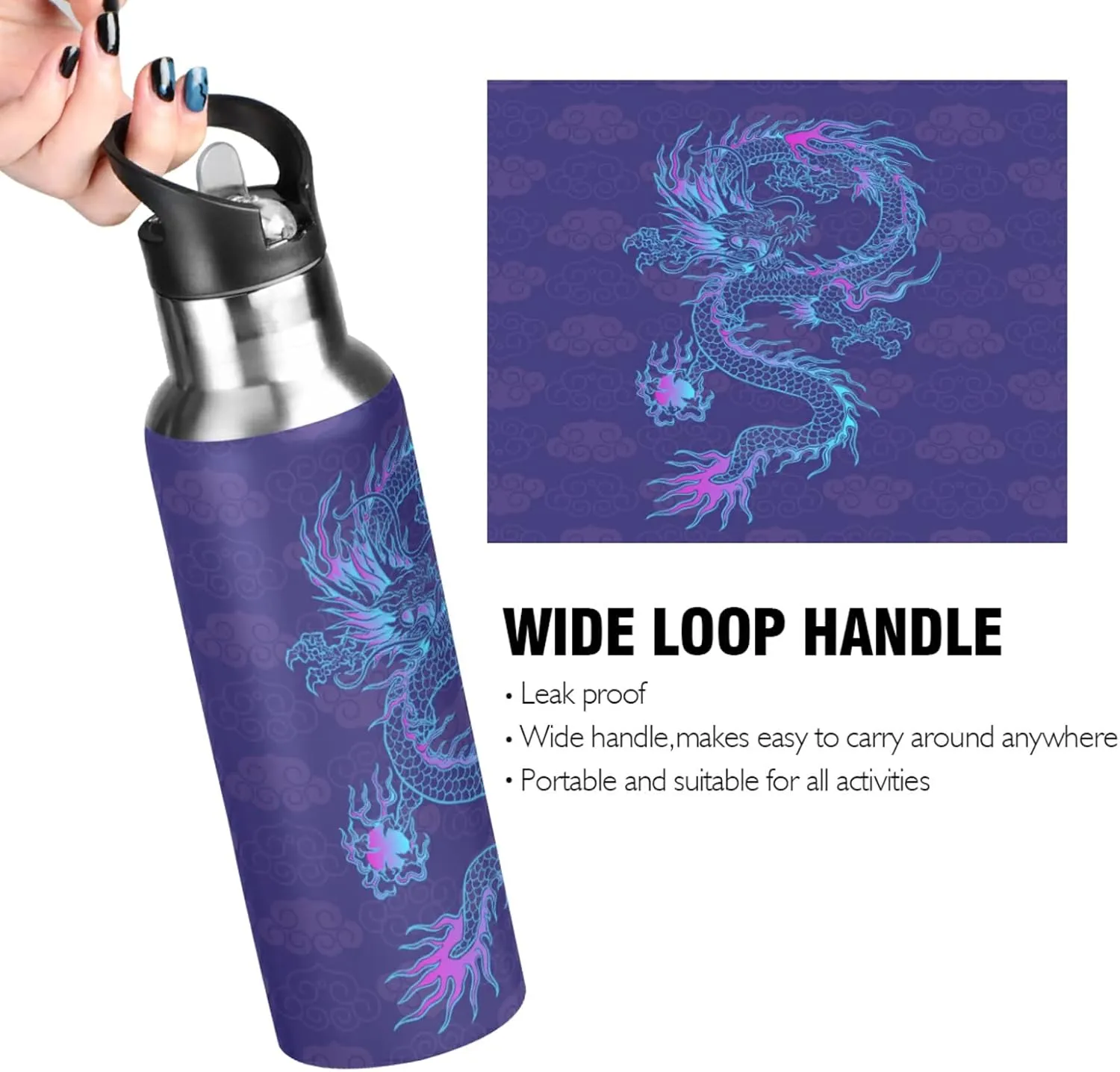 20oz Purple Chinese Dragon Water Bottle, BPA Free Stainless Steel, Vacuum Insulated, Leak-Proof Straw Lid, 600ml, Reusable, Perfect for Camping, Hiking, Gym, Office, Daily Use
