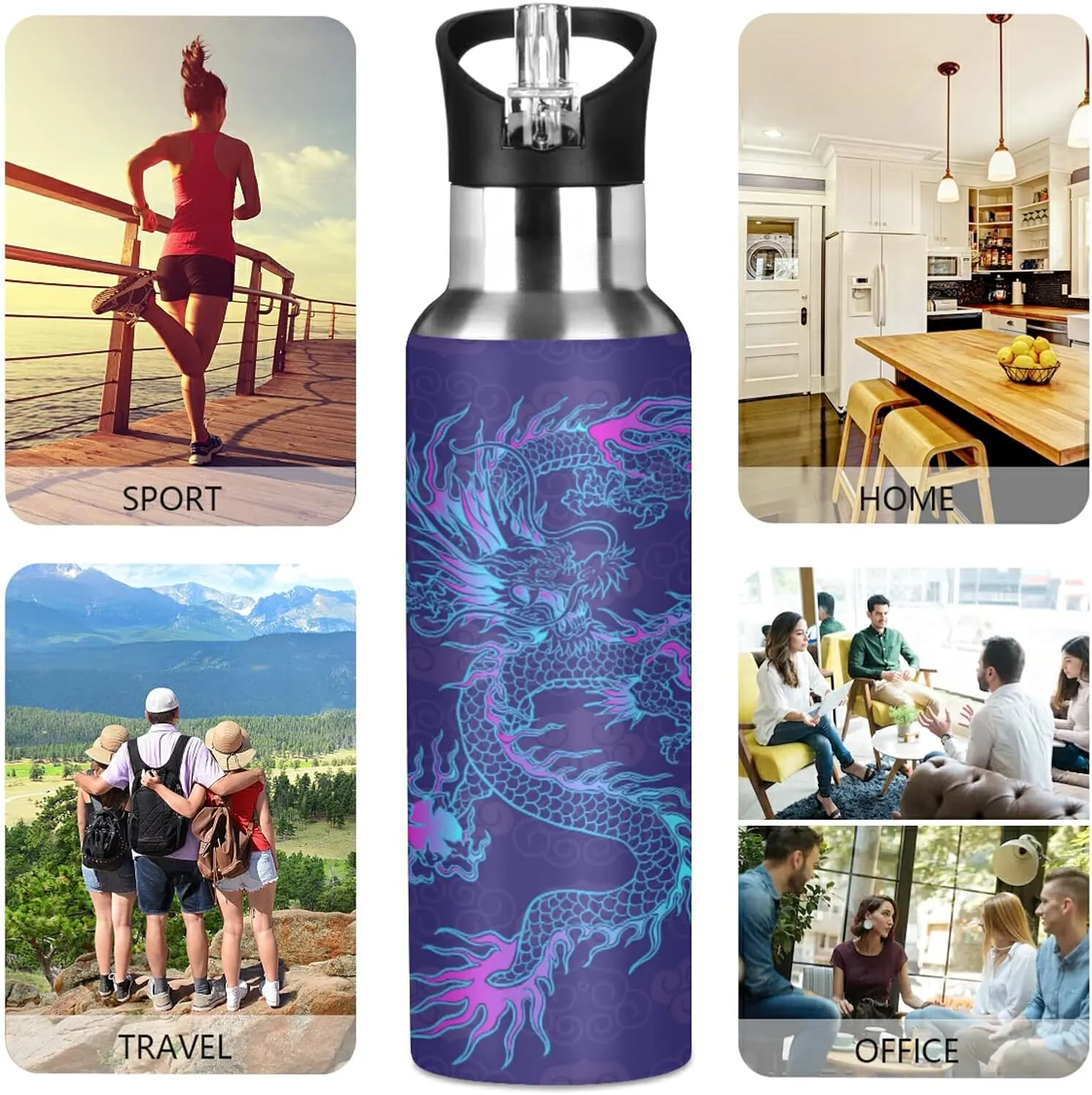 20oz Purple Chinese Dragon Water Bottle, BPA Free Stainless Steel, Vacuum Insulated, Leak-Proof Straw Lid, 600ml, Reusable, Perfect for Camping, Hiking, Gym, Office, Daily Use