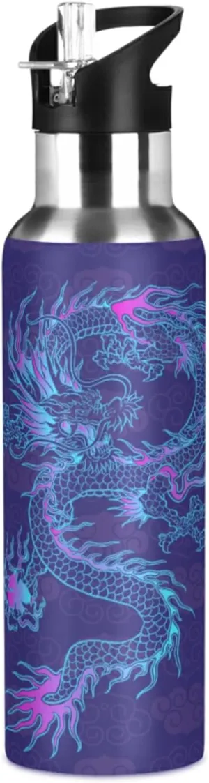 20oz Purple Chinese Dragon Water Bottle, BPA Free Stainless Steel, Vacuum Insulated, Leak-Proof Straw Lid, 600ml, Reusable, Perfect for Camping, Hiking, Gym, Office, Daily Use