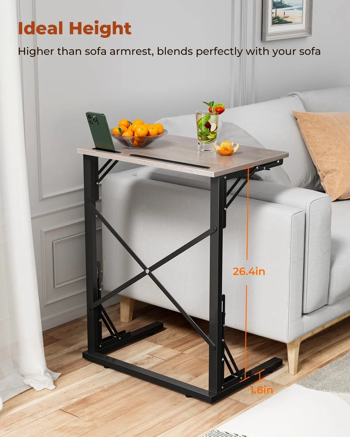 21''Wx28''H Folding TV Tray, Small Foldable C-Shaped End Table for Eating with Tablet and Phone Slots, Slide Under Couch Side Table for Recliner, Living Room, Bedroom, Deep Grey