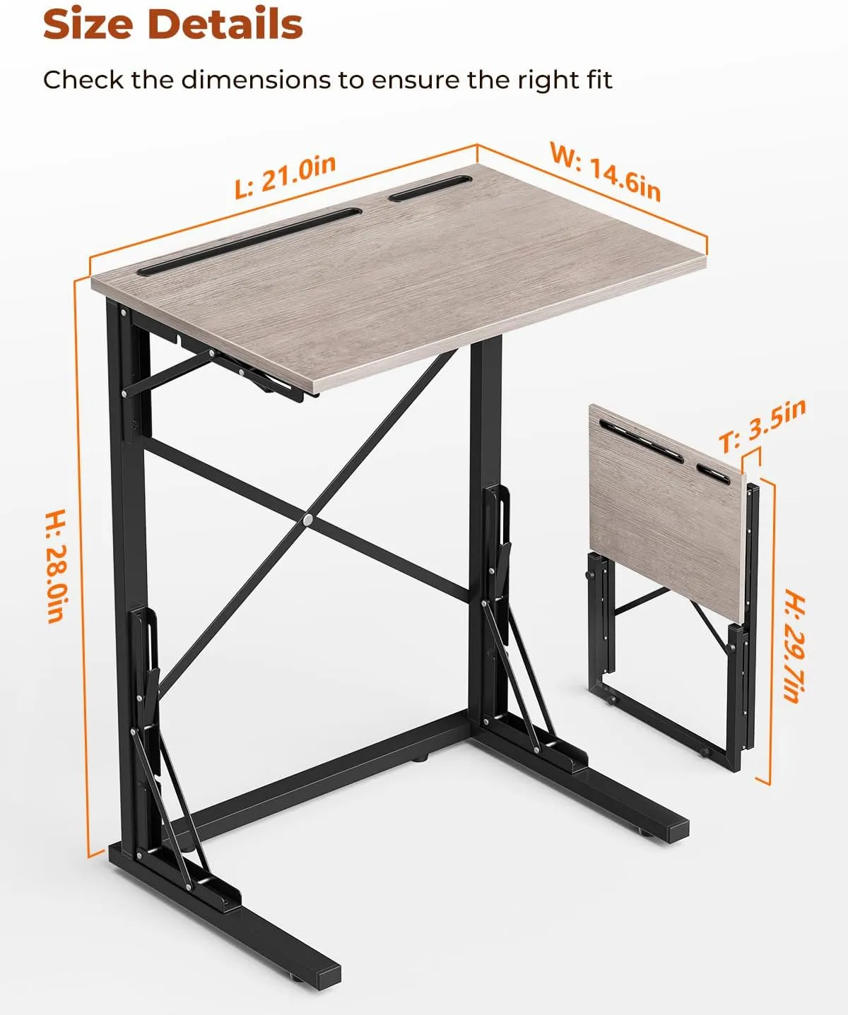 21''Wx28''H Folding TV Tray, Small Foldable C-Shaped End Table for Eating with Tablet and Phone Slots, Slide Under Couch Side Table for Recliner, Living Room, Bedroom, Deep Grey