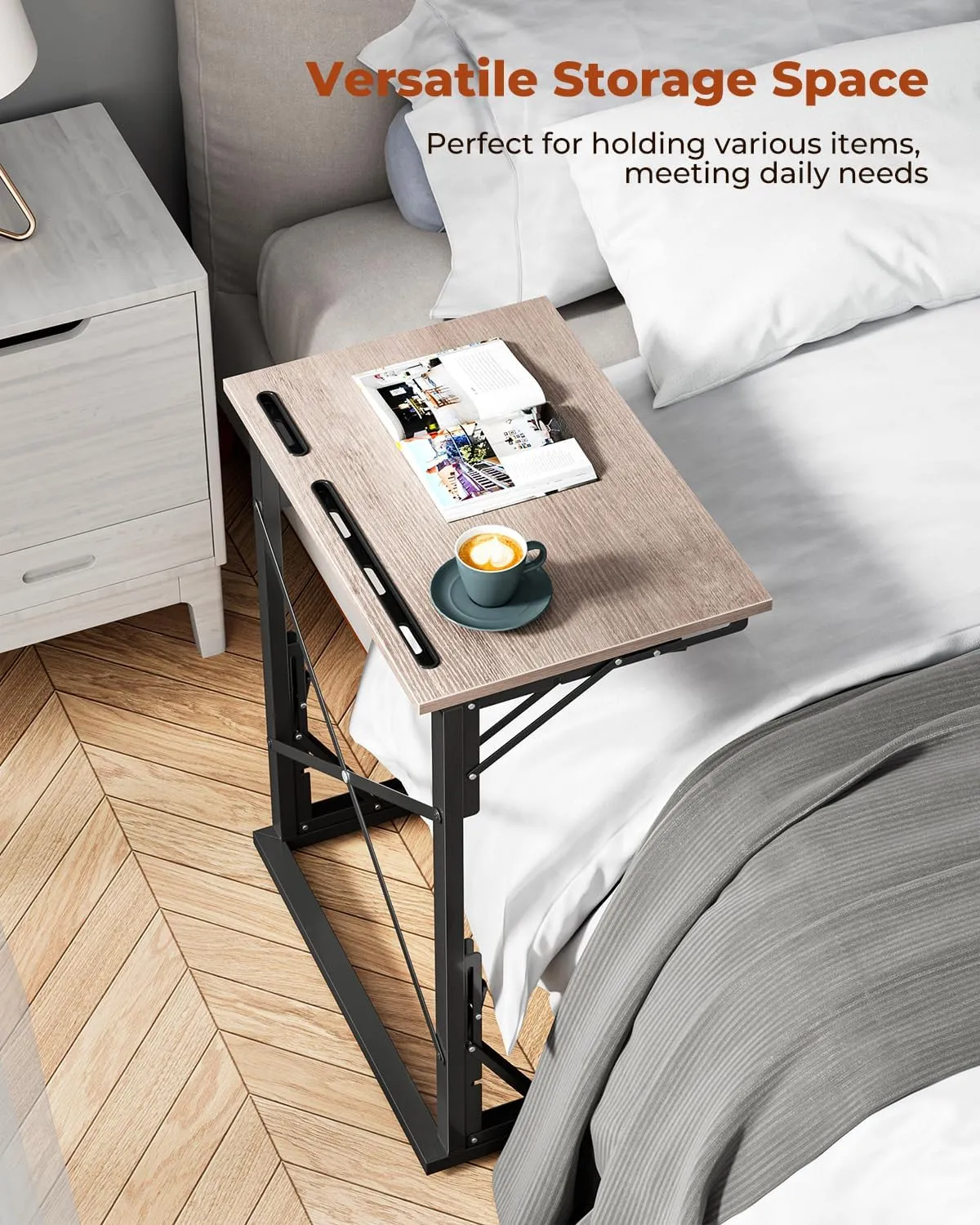 21''Wx28''H Folding TV Tray, Small Foldable C-Shaped End Table for Eating with Tablet and Phone Slots, Slide Under Couch Side Table for Recliner, Living Room, Bedroom, Deep Grey