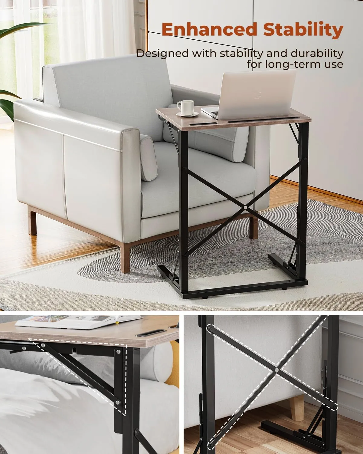 21''Wx28''H Folding TV Tray, Small Foldable C-Shaped End Table for Eating with Tablet and Phone Slots, Slide Under Couch Side Table for Recliner, Living Room, Bedroom, Deep Grey
