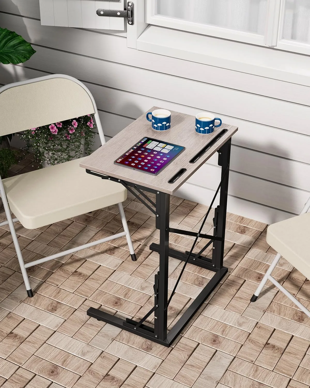 21''Wx28''H Folding TV Tray, Small Foldable C-Shaped End Table for Eating with Tablet and Phone Slots, Slide Under Couch Side Table for Recliner, Living Room, Bedroom, Deep Grey