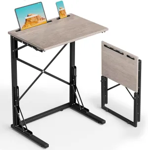 21''Wx28''H Folding TV Tray, Small Foldable C-Shaped End Table for Eating with Tablet and Phone Slots, Slide Under Couch Side Table for Recliner, Living Room, Bedroom, Deep Grey