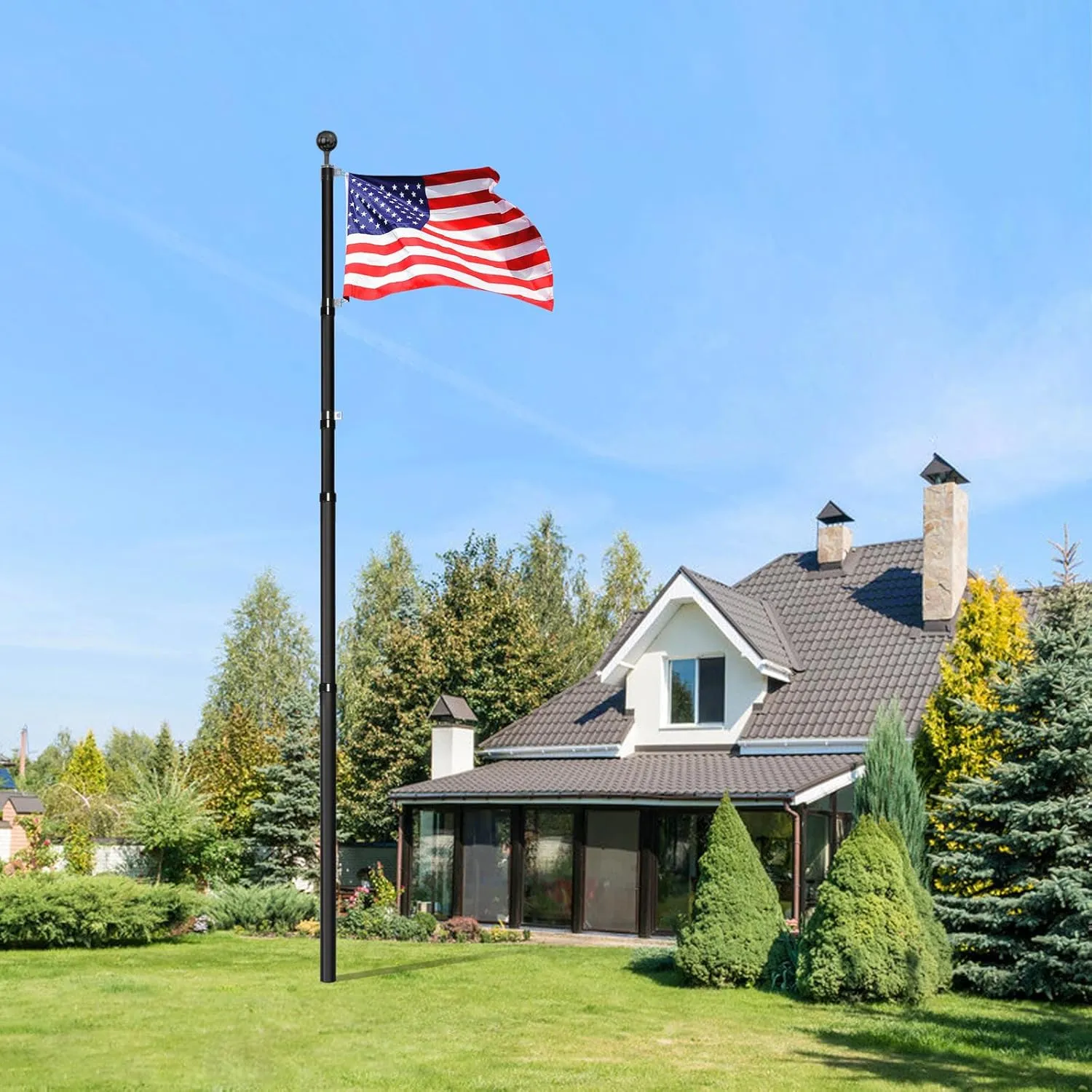 25FT Telescoping Flag Pole Kit, 14 Gauge Heavy Duty In Ground Telescopic Flag Poles with 3x5 American Flag, Outdoor Old Glory Flagpole Kits for Outside, Yard, Residential or Commercial