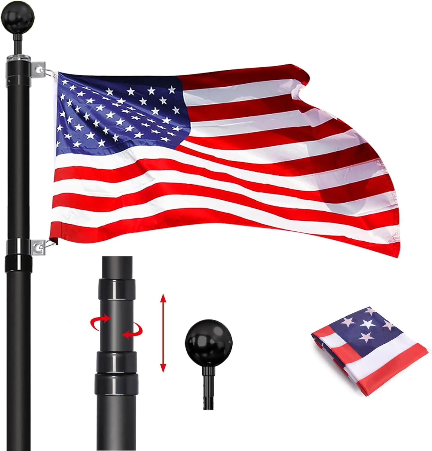 25FT Telescoping Flag Pole Kit, 14 Gauge Heavy Duty In Ground Telescopic Flag Poles with 3x5 American Flag, Outdoor Old Glory Flagpole Kits for Outside, Yard, Residential or Commercial